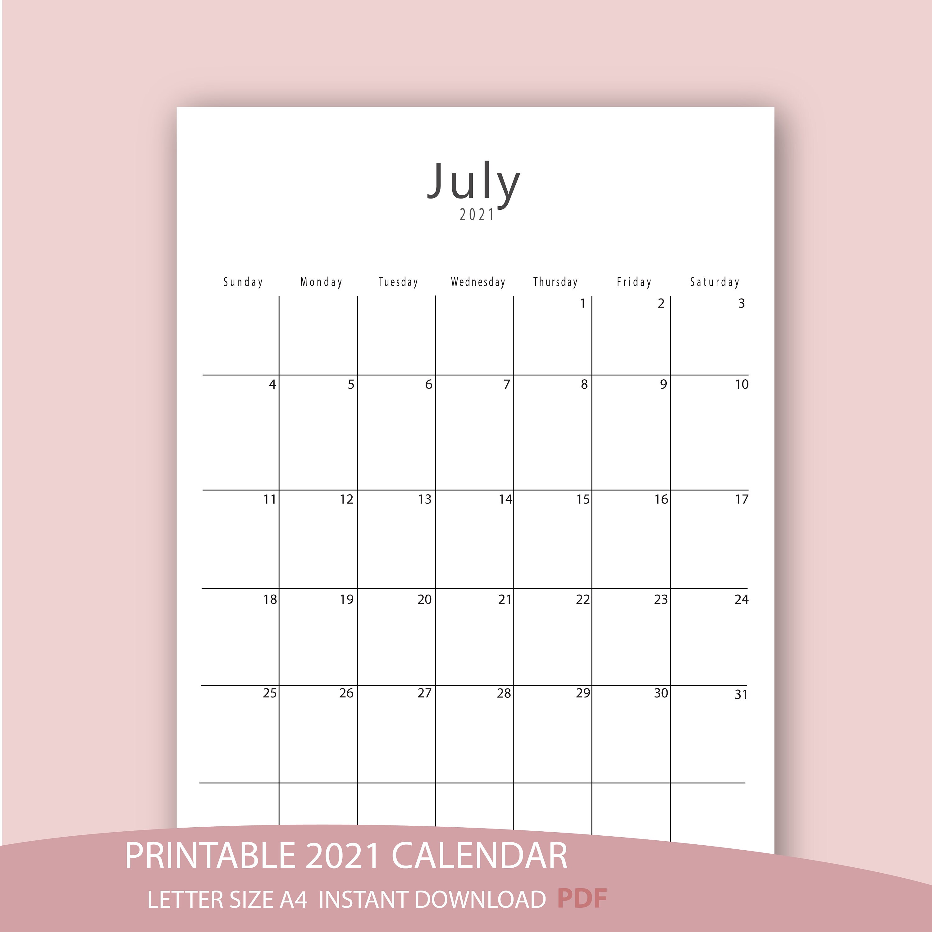 Printable Calendar 2021, , Handlettering, Monthly Calendar, , Desk ...