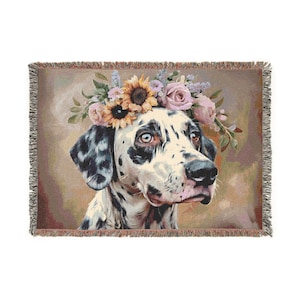 Woven Dalmatian with Floral Crown Blanket Cozy Throw Blanket for Dog Lovers, Beautiful Dalmatian Dog Decor, Perfect Gift for Dalmatian Fans