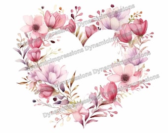 Watercolor Pink Heart Floral Heart Shaped Wreath - Wedding Clip Art DIY - Romantic Art - Instant Digital Download - png, pdf, jpg, svg