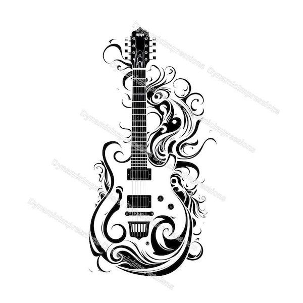 Fanciful Electric Guitar Clip Art | Black Outline | Instant Download | White Background | jpg pdf png svg