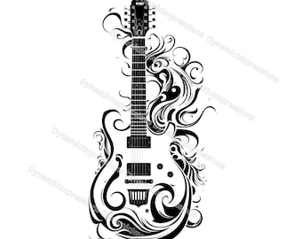 Fanciful Electric Guitar Clip Art | Black Outline | Instant Download | White Background | jpg pdf png