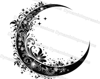 May include: Black and white crescent moon with intricate floral designs and stars. The moon is outlined in a thick black line and the floral designs are detailed and delicate.