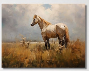 Antique White Horse in Field Oil Painting | Vintage Impressionism | Farmhouse Decor | Animal Art Canvas Gallery Wrap Print
