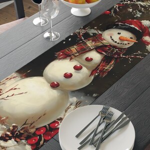 Festive Snowman Table Runner - Christmas Table Runner - Vintage Holiday Table Decor - 16x72 & 16x90 Options