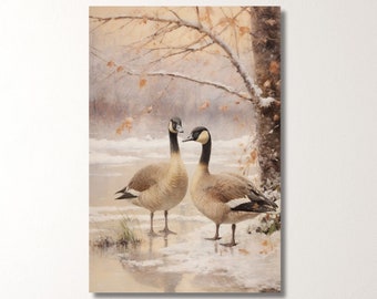 Wild Geese | Winter Geese | Snow Geese | Two Geese | Snowy Canada Geese Painting | Canvas Gallery Wrap Print
