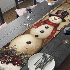 Snowman Table Runner - Snowman Christmas Table Runner - Vintage Holiday Table Decor - 16x72 & 16x90 Options