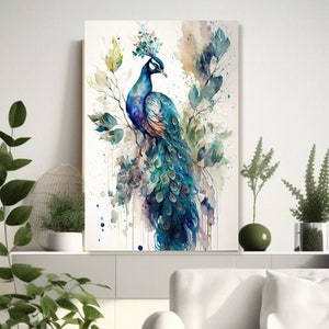 Watercolor Peacock Botanical Canvas Art Print | Peacock Wall Art | Botanical Wall Decor | Bird Canvas Art | Nature Wall Art