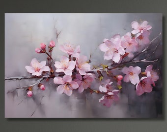 May include: A painting of a branch of pink cherry blossoms with a soft, watercolor-like style. The blossoms are in various stages of bloom, with some fully open and others still in bud. The background is a soft, muted gray.