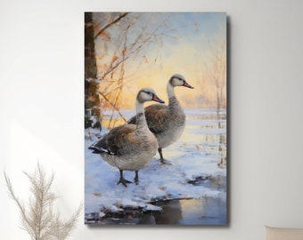 Wild Geese | Winter Geese | Snow Geese | Two Geese | Snowy Goose Painting | Canvas Gallery Wrap Print