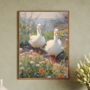 May include: A painting of two white ducks walking through a field of green grass and wildflowers. The ducks have orange beaks and legs. The background is a blurry blue sky and water.