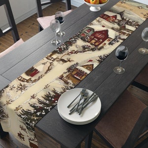 Vintage Christmas Village Table Runner - Holiday Home Decor with Reindeer Magic - Festive Christmas Table Runner