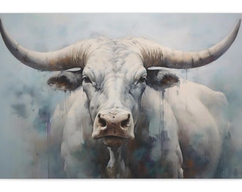 Mystical Gaze of the Ivory Bull - Bull Painting on Canvas - White Bull Painting - Canvas Art Print