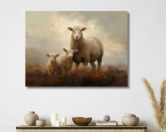 Kunst moederschap en lammeren | Boerderij dieren kunst vintage olieverfschilderij | Canvas galerijomslagafdruk