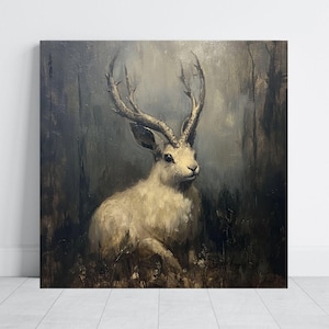 Jackalope Forest Art Print - Vintage Antique Canvas Print - Dark Moody Woodland Decor