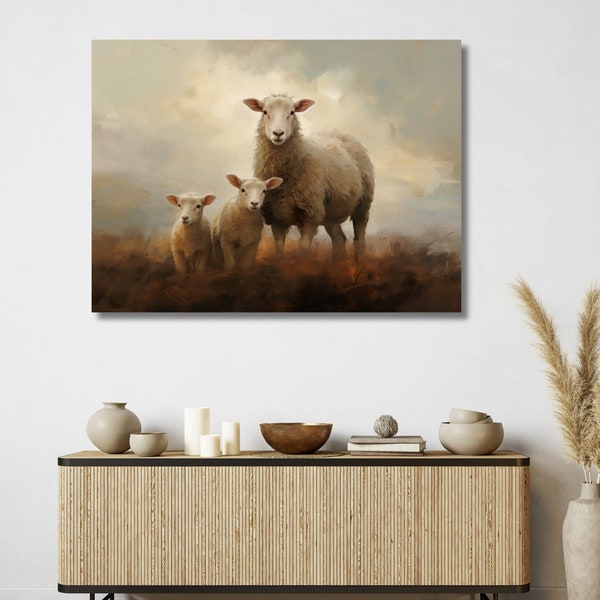 Mother Sheep & Lambs Fine Art | Farmhouse Animal Art Vintage Oil Painting | Canvas Gallery Wrap Print