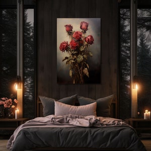 Enchanted Vintage Red Rose Oil Painting Print - Antique Inspired Rustic Floral Wall Decor - Home Art - Canvas Gallery Wrap Print