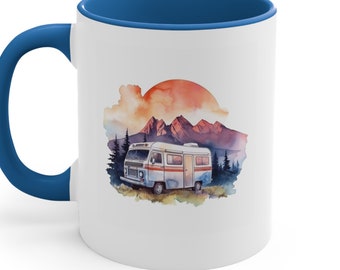 Vintage Camper Sunset Mountains Retro Colors Ceramic Coffee Mug - Nature-Inspired Drinkware for Mountain Lovers and Retro Camping Enthusiast