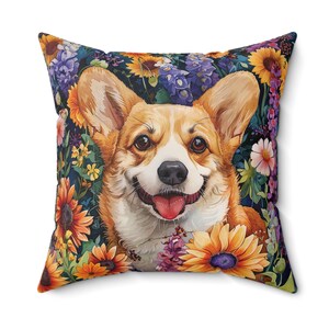 Vibrante almohada decorativa estilo acuarela floral Corgi - Cojín cuadrado de poliéster hilado para decoración del hogar