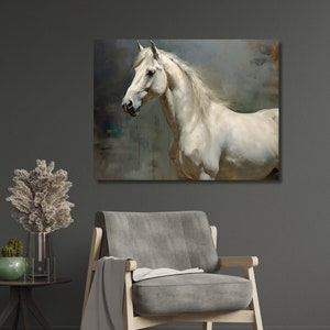 Peinture à l'huile impressionniste vintage cheval blanc | Décoration de ferme | Impression artistique sur toile d'art animalier