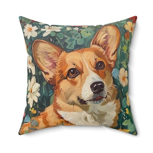 Cojín decorativo con diseño floral verde de Pembroke Welsh Corgi en estilo de pintura al óleo: cojín cuadrado de poliéster hilado para decoración del hogar