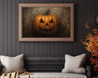 Spooky Halloween Decor - Rustic Jack O&#39;Lantern - Fall Art Print - Still Life Pumpkin - Unframed Premium Matte Poster Print