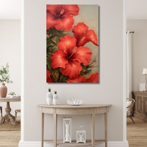 Red Hibiscus Painting - Botanical Canvas Art - Floral Wall Decor - Flower Wall Print - Floral Artwork - Canvas Art Print
