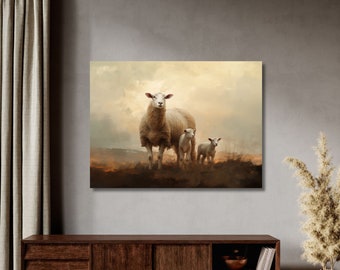 Mother Sheep & Lambs | Farmhouse Animal Art Vintage Oil Painting | Canvas Gallery Wrap Print
