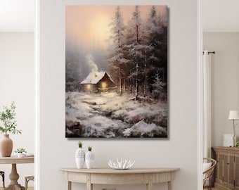 May include: A painting of a small wooden cabin in a snowy forest. The cabin has a lit window and smoke rising from the chimney. The trees are covered in snow and the ground is covered in a blanket of white.