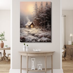Tranquil Winter Cabin - Snowy Forest Cabin - Cozy Winter Wall Art - Holiday Cabin Artwork - Cabin in the Snow Painting Canvas Print