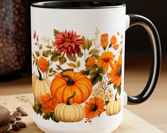 Fall Harvest Floral Pumpkin Mug | Autumn Themed 15oz Two-Tone Ceramic Cup