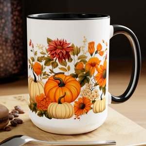 Fall Harvest Floral Pumpkin Mug | Autumn Themed 15oz Two-Tone Ceramic Cup