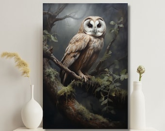 Antique Owl Painting | Moody Dark Academia Bird Wall Art | Dark Cottagecore | Farmhouse Decor | Canvas Gallery Wrap Print