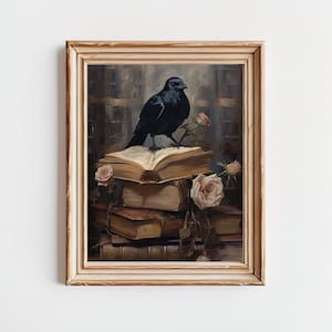 Raven's Literary Retreat -  Raven and Roses Artwork - Vintage Victorian Style Decor - Dark Academia Cottagecore Unframed Poster Print