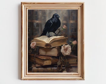 Raven&#39;s Literary Retreat -  Raven and Roses Artwork - Vintage Victorian Style Decor - Dark Academia Cottagecore Unframed Poster Print