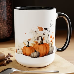 Fall Inspired Leaves and Pumpkins 15 oz Two-Tone Ceramic Coffee Mug