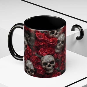 Skull Mug - Gothic Skull and Roses 3D Mug - Ceramic Accent Mug for Coffee Lovers - 11oz & 15oz - Unique Gothic Gift