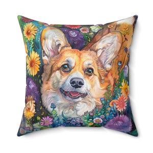 Almohada decorativa estilo acuarela de Corgi Floral Cottagecore púrpura, cojín cuadrado de poliéster hilado para decoración del hogar