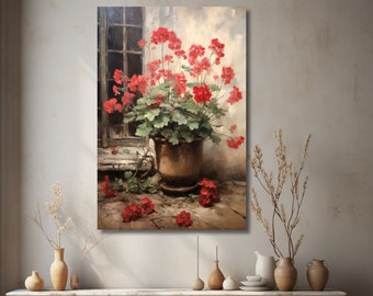 Enchanted Blooms - Vintage Geraniums Oil Painting Canvas Print - Botanical Print - Rustic Wall Decor - Nature-Inspired Art - Floral Art
