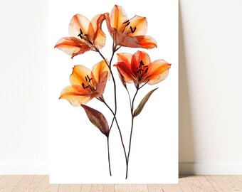 Impresión en lienzo con lirios y flores prensadas - Arte con flores secas - Decoración de pared con flores prensadas y diseño de lirios secos - Impresión inspirada en la naturaleza