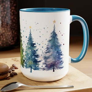 Festive Holiday Watercolor Christmas Trees 15oz Ceramic Coffee Mug - Multicolor Winter Mug - Holiday Cup - Available in 5 Colors