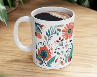 Caneca de café de cerâmica estilo boho | Copo botânico caprichoso de 11 oz