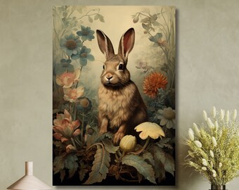 Canvastavla med förtrollande kaninblommor | Väggkonst i vintagestil med Cottagecore