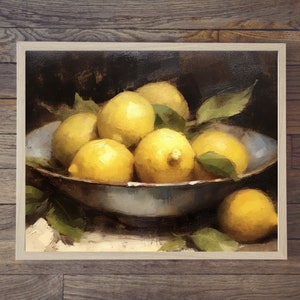 Rustic Lemons Vintage Impressionist Oil Painting Print - Fruit Bowl Premium Unframed Matte Horizontal Poster Print