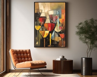 Peinture à l'huile cubiste de verres à vin vintage - Art antique de nature morte - Impression d'affiche mate premium non encadrée