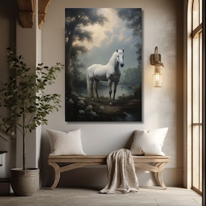 Mystical White Horse in Misty Forest - Equine Art - White Horse Oil Painting - Farmhouse Decor - Canvas Gallery Wrap Print