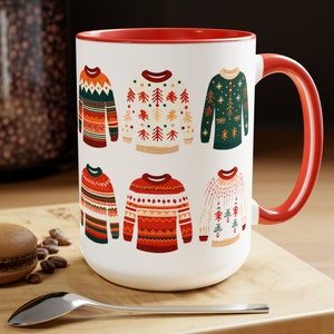 Festive Christmas Sweater 15 oz Two-Tone Ceramic Coffee Cup - Ugly Sweater Party Drinkware - Holiday Coffee Cup - Xmas Gift Idea
