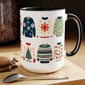 Ugly Sweater Party Drinkware - Holiday Coffee Cup - Xmas Gift Idea - Charming Christmas Sweater Design -  15 oz Two-Tone Ceramic Coffee Cup