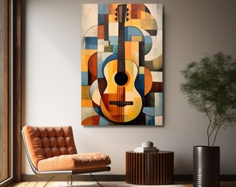 Könnte beinhalten: Abstrakte Malerei einer Gitarre mit geometrischen Formen in Blautönen, Gelb, Orange und Braun.