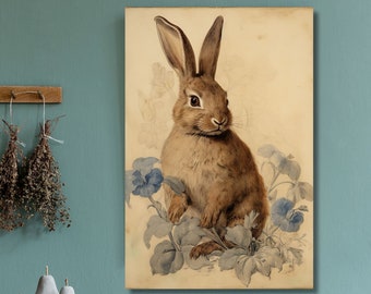 Cottagecore Vintage Kaninchen Gemälde Floral Kaninchen Porträt Leinwand Bauernhaus Dekor braunes Kaninchen Galerie/Verpackungsdruck