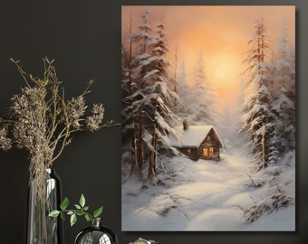 Puede incluir: Una pintura de una escena de bosque nevado con una pequeña cabaña en la distancia. El sol se está poniendo, proyectando un cálido resplandor sobre los árboles. La cabaña tiene una ventana iluminada, lo que sugiere que alguien está en casa.